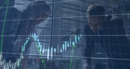 Image of financial data processing over diverse business people in office