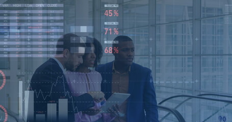 Image of financial data processing over diverse business people in office