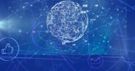 Image of network of connections over data processing on blue background