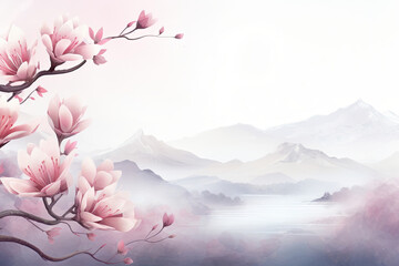 Pink Cherry Blossoms in Spring, Sakura Flowers Adorning Tree Branches Against Mountainous Terrain, Abstract Watercolor Landscape Background