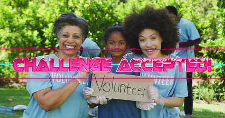 Image of challenge accepted text over african american family