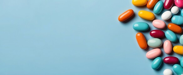 top view of colorful pills on blue background, panoramic shot - obrazy, fototapety, plakaty