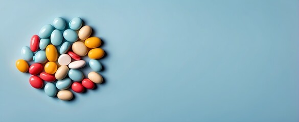 top view of colorful pills on blue background, panoramic shot
