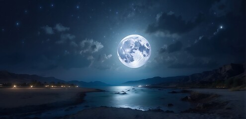 Naklejka na ściany i meble Full moon over the sea at night. Seascape with a full moon. capture loneliness 
