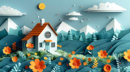 Paper cut landscape with house on the hill in the mountains.