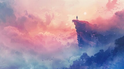 Silhouette of a Man Standing on Mountain Top, Abstract Watercolor Painting Landscape Background - obrazy, fototapety, plakaty