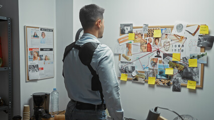 Hispanic man examines crime evidence board in police department, suggesting detective work.