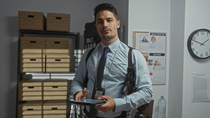 Handsome hispanic detective with beard in office holding tablet and badge, surrounded by filing...