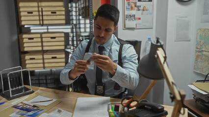 A focused young hispanic man with a beard, wearing a detective badge, examines evidence in a police department office. - obrazy, fototapety, plakaty