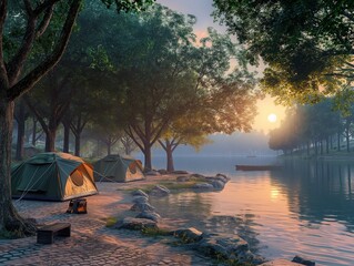 A campsite with a lake in the background. The sun is setting and the water is calm. There are three tents and a bench