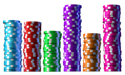Stacks of casino chips or gambling tokens, each stack displaying a distinctive vivid color. 3D illustration