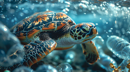 Sea turtle swimming in ocean invaded by plastic bottles.