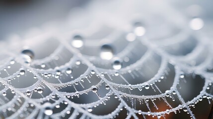 Image of dew drops delicately suspended in a spider web.
