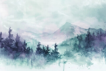Misty Morning in the Forest with Pine Trees and Mountains, Abstract Hand-Drawn Watercolor Painting Landscape Background