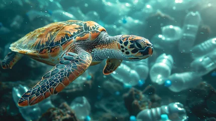 Fotobehang Sea turtle swimming in ocean invaded by plastic bottles. © puhimec