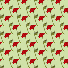 Seamless pattern with fantastic red poppies on light green background. Vector image.