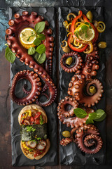 A Trio of Gourmet Octopus Dishes; Grilled, Boiled and Sushi Interpretations