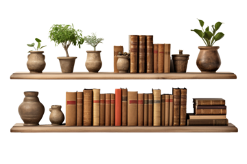 Literary Haven: A Profusion of Books and Vases. On a White or Clear Surface PNG Transparent Background.