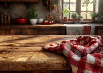 Empty wooden table with red checkered tablecloth at wooden rustic kitchen