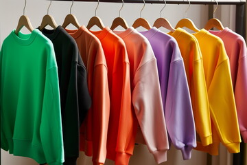 A row of multicolored sweatshirts hanging on hangers