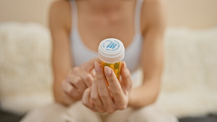 Hands of woman sitting on sofa holding pills bottle at home
