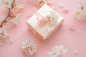 Small soft pink gift box with pink ribbon bow isolated on pastel pink background with spring cherry tree flowers. Flatlay, top view, copy space