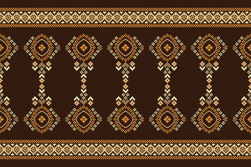 Traditional ethnic motifs ikat geometric fabric pattern cross stitch.Ikat embroidery Ethnic oriental Pixel brown background. Abstract,vector,illustration. Texture,scarf,decoration,wallpaper.