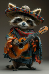 A raccoon wearing a sombrero holding a guitar