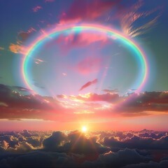A large rainbow colored glowing halo floats in the sky surrounded by clouds, above the ring is a sunset The scene has an ethereal and dreamy quality with soft lighting and vibrant colors There are no - obrazy, fototapety, plakaty