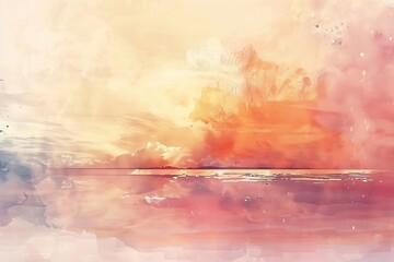 Misty Seascape with Sunrise or Sunset Clouds, Abstract Watercolor Background with Orange Grunge Texture Wall Art