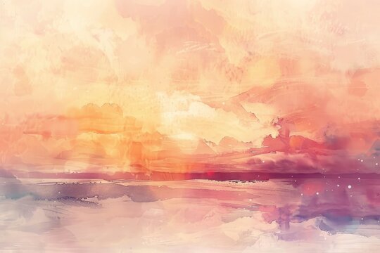 Misty Seascape with Sunrise or Sunset Clouds, Abstract Watercolor Background with Orange Grunge Texture Wall Art