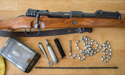 Detail of the original cleaning kit of the Mauser-type bolt-action military rifle from the World War