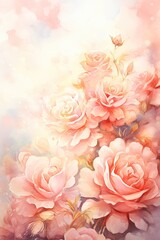 Fototapeta premium Bouquet of Pink Roses Abstract Watercolor Illustration background for Wedding Banner, Poster, and Postcard