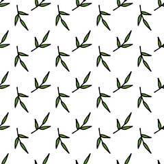 Simple seamless pattern with green branches on white background. Vector image.