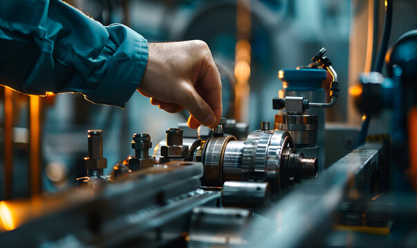 A close-up of a worker's hand adjusting machinery on the factory floor, illustrating lean manufacturing principles in action
