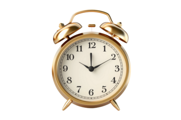 Timeless Elegance: Golden Alarm Clock on White Background. On a White or Clear Surface PNG Transparent Background.