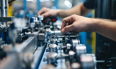 A close-up of a worker's hand adjusting machinery on the factory floor, illustrating lean manufacturing principles in action