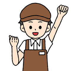 カフェ店員の男性がガッツポーズをしている