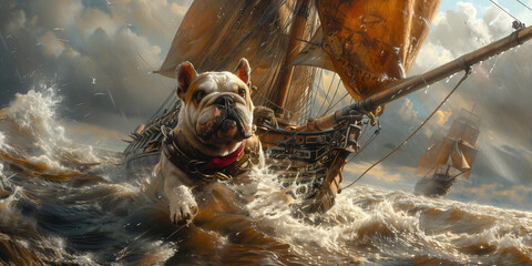 A painting of a bulldog sailing on a boat in the water banner - obrazy, fototapety, plakaty