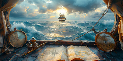 A painting depicting a ship navigating through the ocean banner - obrazy, fototapety, plakaty