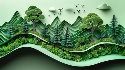 Cercles muraux Montagnes Green trees and mountains made of paper, paper art style concept.