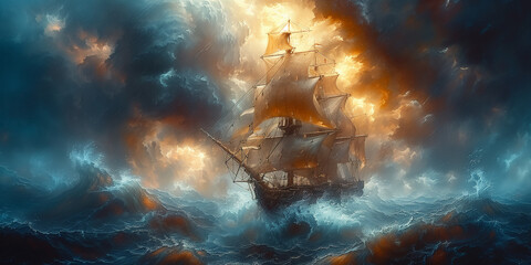 A painting of a ship struggling in turbulent waters during a fierce storm banner