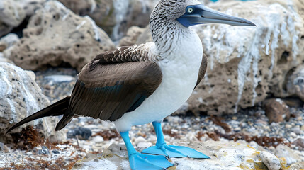 Obraz premium A blue-footed booby standing on rocky terrain, captured using vibrant color saturation to highlight its distinctive blue feet, set against a coastal background with copy space