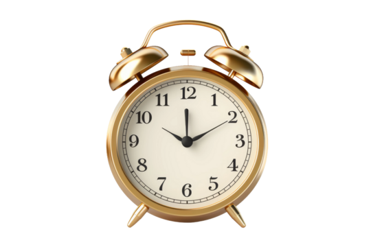 Timeless Elegance: Golden Alarm Clock on White Background. On a White or Clear Surface PNG Transparent Background.