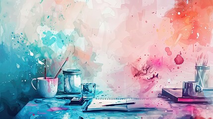 Student Desk with Coffee Cup, Tea Mug, Paintbrush, Book, Paper, Canvas, Drawing Palette, and Oil Painting Elements in Abstract Watercolor Style Back to School Background