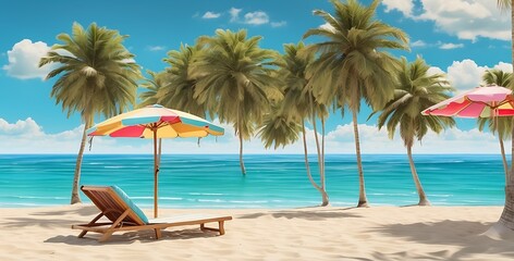 Fototapeta na wymiar Beach with palm trees and sun loungers. 3d render