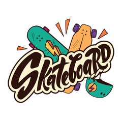 Skateboard. Bright hand drawn vector logo with skateboards and helmet. Illustration for sticker, poster, patch or print on t-shirt