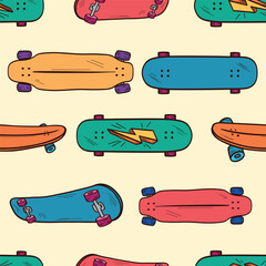 Bright vector seamless pattern with hand drawn skateboards, longboards in retro style