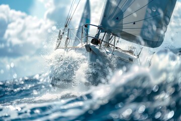 Close-Up of Sailing Boat Racing on Turbulent Seas - obrazy, fototapety, plakaty