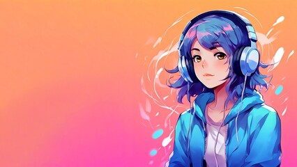 Anime girl with headset listening to music, colorful background - anime character, music enjoyment